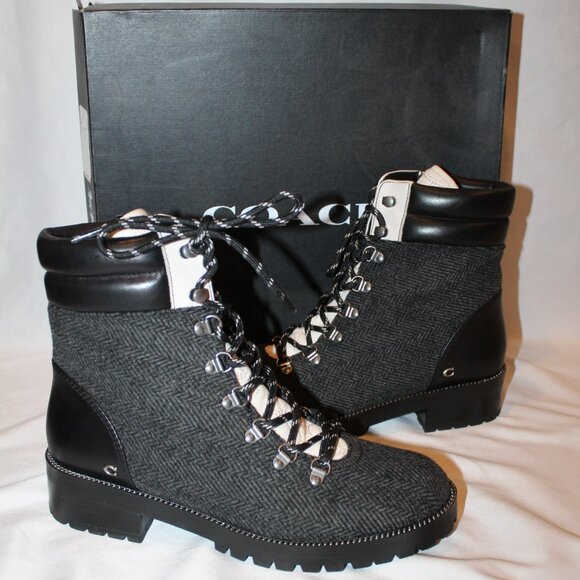 NIB WOMEN'S COACH LORREN HOUNDSTOOTH BLACK CHALK LEATHER‎ HIKER BOOTS SZ 9 - Picture 1 of 7